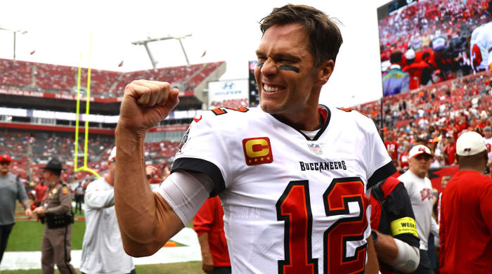 Jan 1, 2023; Tampa, Florida, USA; Tampa Bay Buccaneers quarterback Tom Brady (12) gets pumped up prior to the game against the Carolina Panthers at Raymond James Stadium.